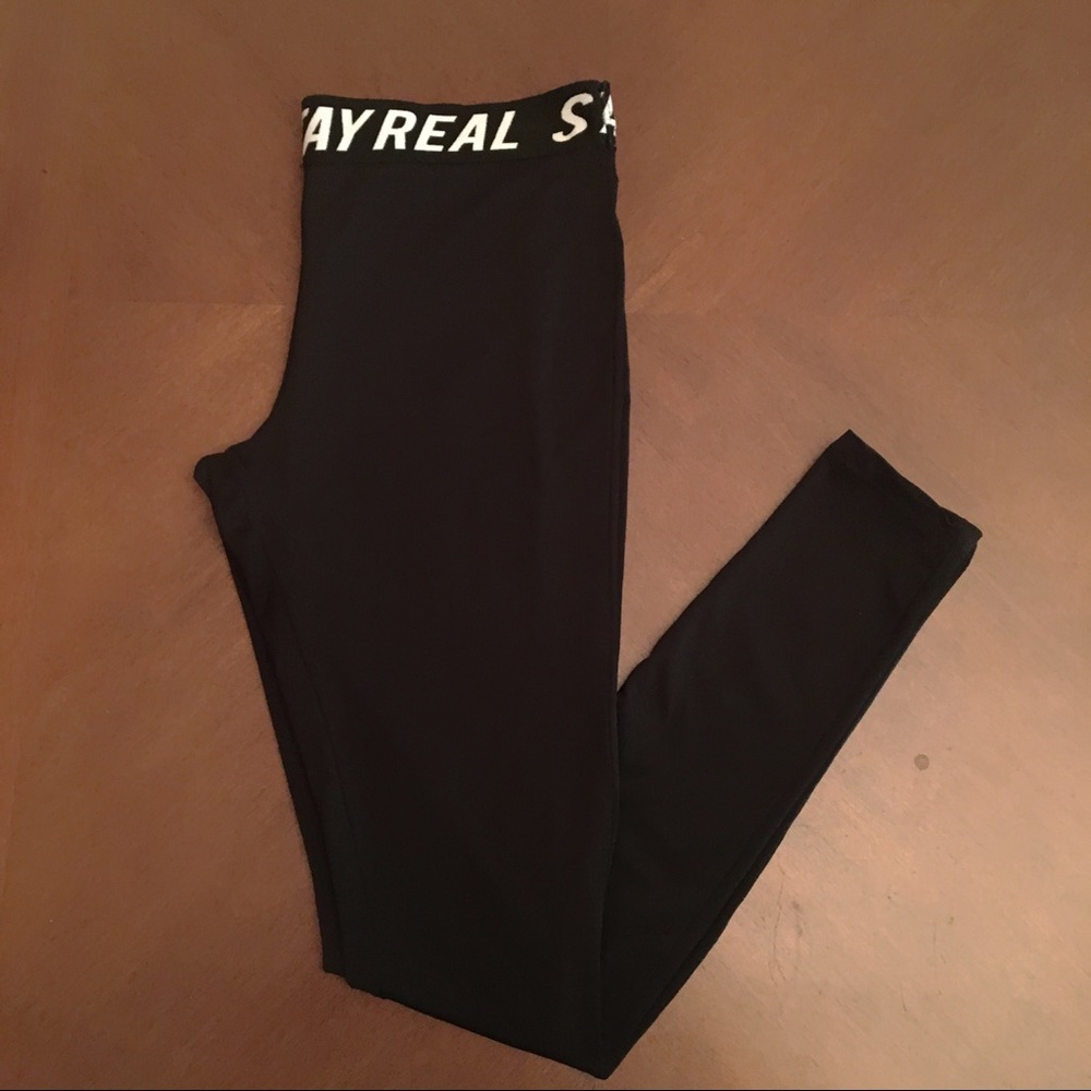 “Stay Real” Black Waistband Sports Leggings